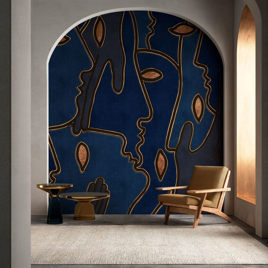 A room with a blue wall decorated in the style of Affreschi's Vincenzo D'Alba fresco from the Affreschi Season 1 Collection.