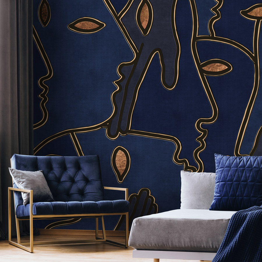 A living room with a blue and gold wall mural featuring Affreschi Season 1 Collection, created using the Fresco technique by Vincenzo D'Alba.