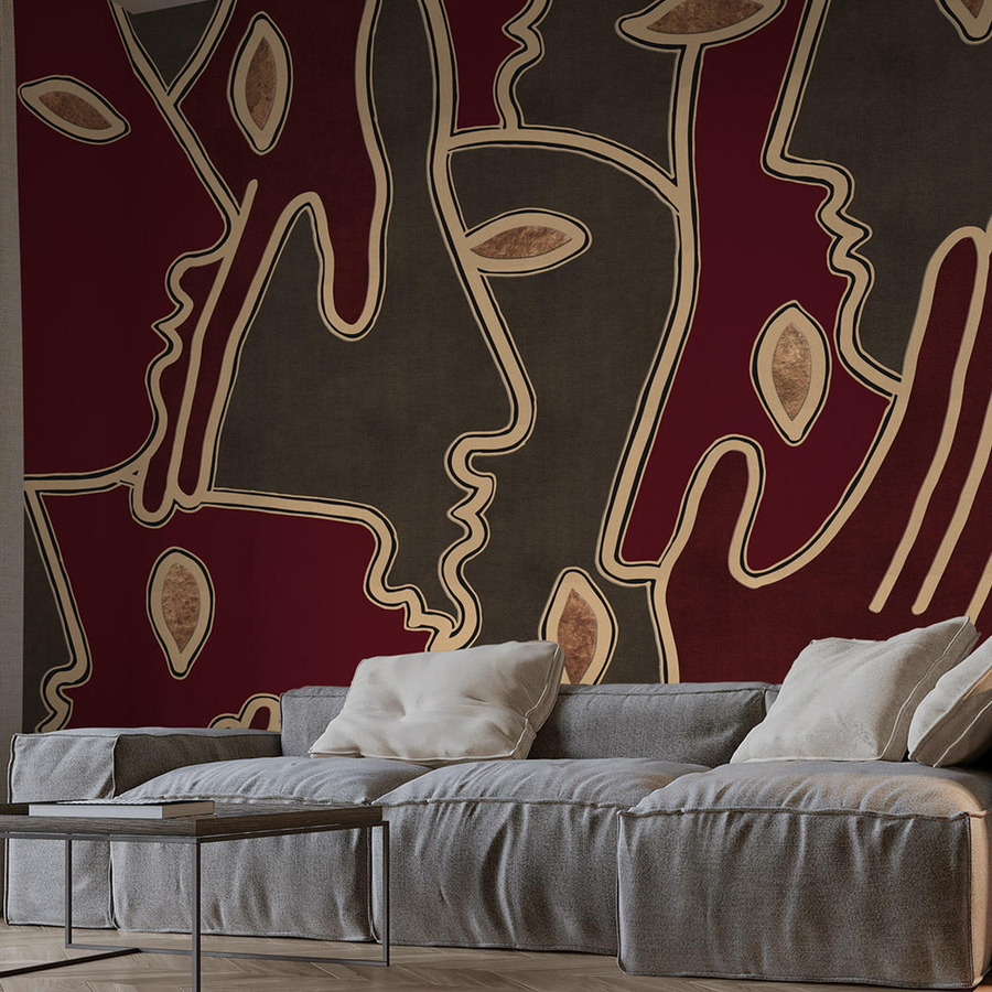 A living room with an Affreschi wall design featuring a red and brown mural from the Affreschi Season 1 Collection.