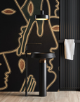 A bathroom with an Affreschi Season 1 Collection wall design featuring black and gold wallpaper from Affreschi.