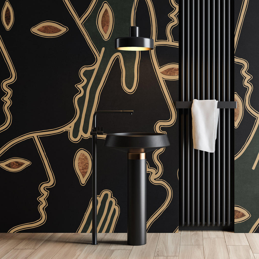 A bathroom with an Affreschi Season 1 Collection wall design featuring black and gold wallpaper from Affreschi.