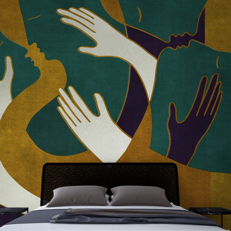 A bed in a room with an Affreschi Season 1 Collection mural on the wall.