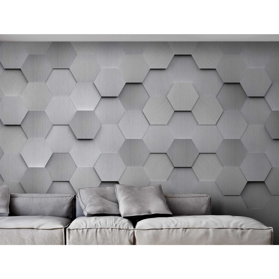 Affreschi and Affreschi 3D wall Hexagon design on a bedroom wall for modern interiors available at Spacio India from our art surface coverings collection.