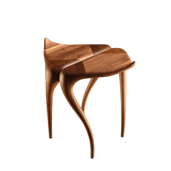 Wooden side table with a unique design on a white background