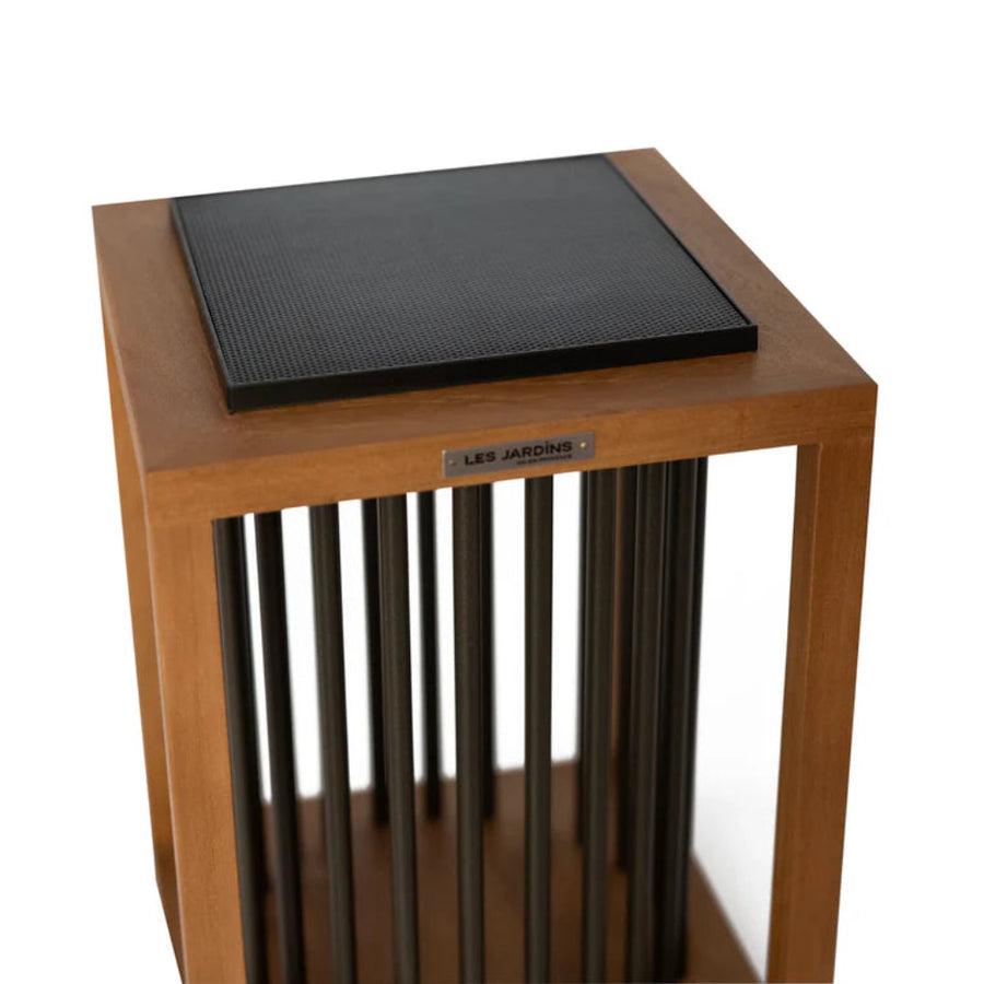 Wooden indoor outdoor solar lantern with black grille on a white background by Les Jardins available at Spacio retail stores in Mumbai & Kolkata. 