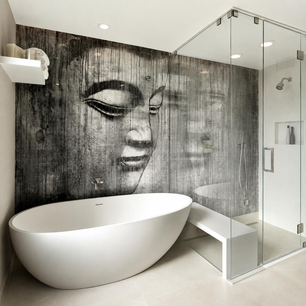 A water resistant bathroom with an Alex Turco Wet Area Silver Trust art panel on the wall, blending interior design seamlessly.
