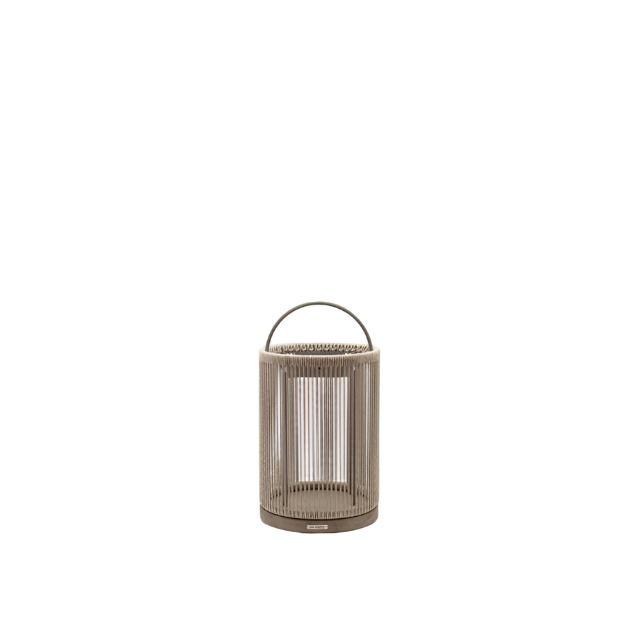 Beige solar lantern with a handle on a white background