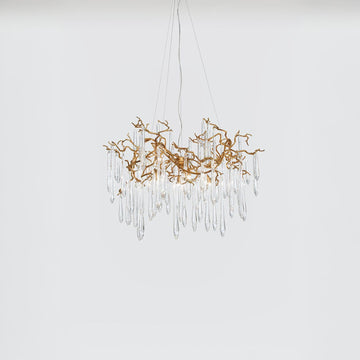 Clear water drop glass chandelier with golden branches on a light grey colour background
