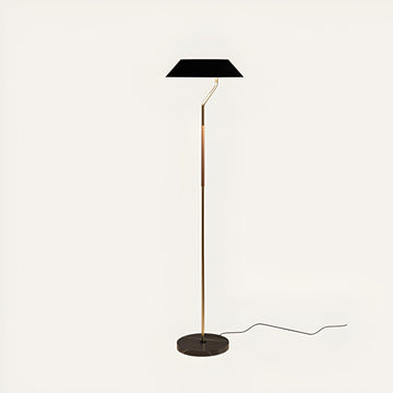 Floor lamp with black shade and gold base on a white background from Aromas Del Campo available at Spacio retail stores in Mumbai & Kolkata. 