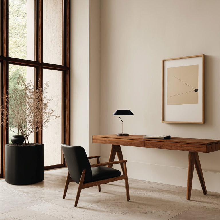 A study corner in a large double height room with a chair, planter, wall art and a table lamp. 