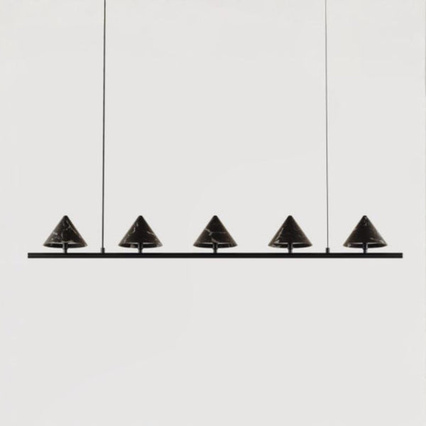 Modern pendant light fixture with five black conical shades on a white background from Aromas Del Campo, available at Spacio retail stores in Mumbai & Kolkata. 