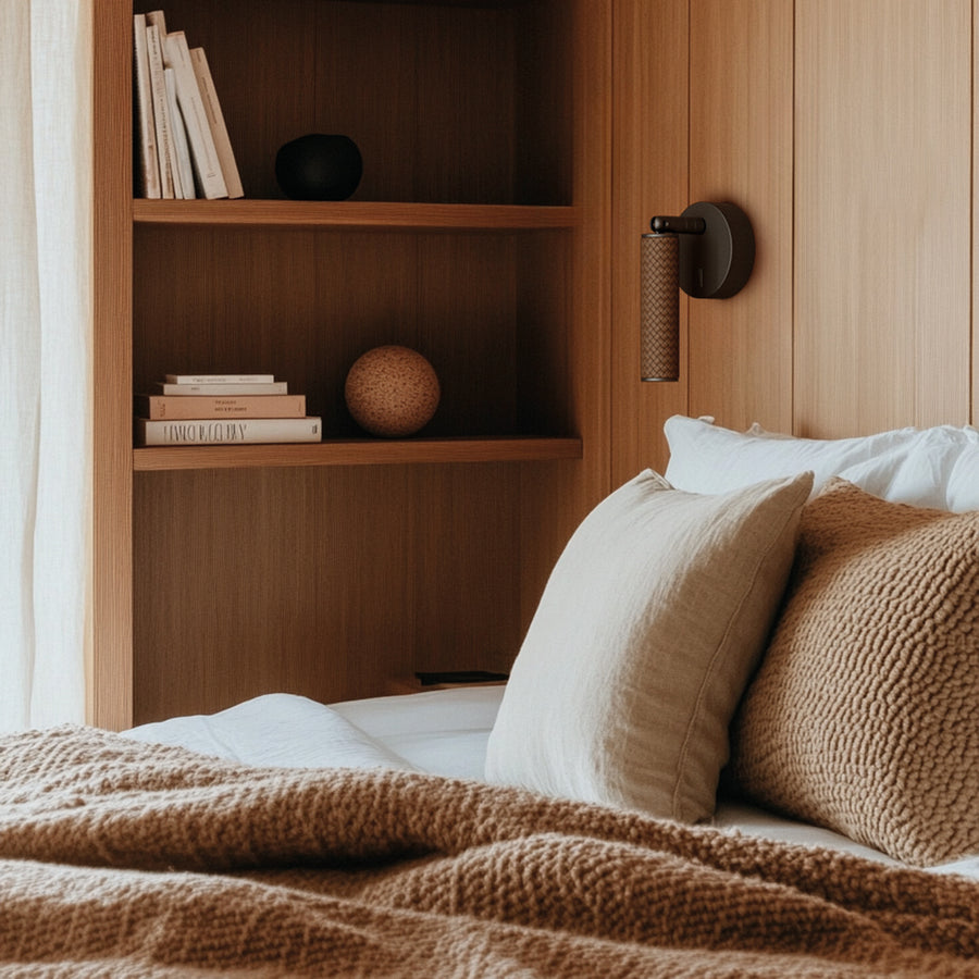 A warm theme bedroom with books, objects and bed side wall light in leather and black metal. 