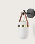 A wall light in the shape of a lantern hanging from a black metal branch on a light cream colour background