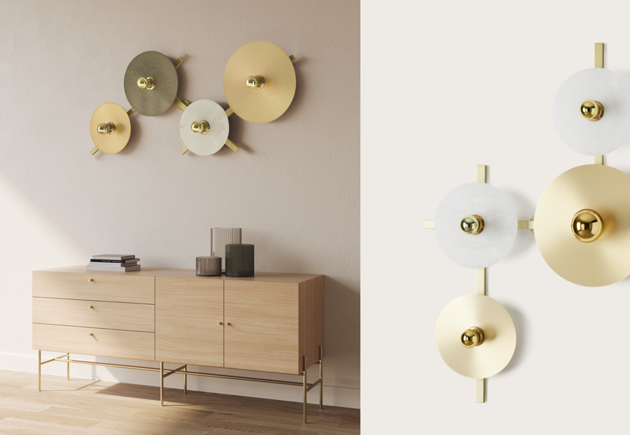 Modern wall-mounted light fixtures on a neutral wall with a wooden cabinet below.