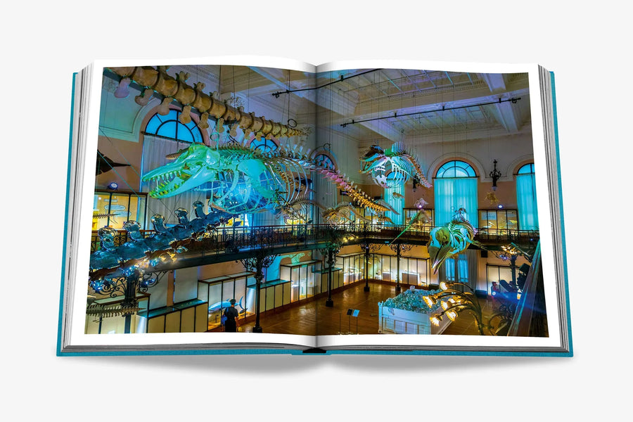 A double spread of a featuring  mesmerizing display of suspended whale skeletons inside the Oceanographic Museum of Monaco, illuminated by soft blue lighting, highlighting the grandeur of marine life and history in a luxurious Assouline's Monte Carlo coffee table book, featuring a vibrant cover with images of Monaco's iconic landmarks, available at Spacio India.