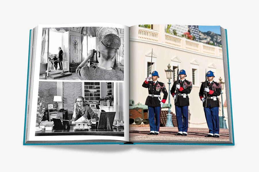 A double spread blend of historical and modern Monaco. The left page features vintage black-and-white photographs of Princess Grace, capturing her elegant life. The right page presents a vibrant image of the Palace Guards performing a ceremonial drill at the Prince's Palace of Monaco  in a luxurious Assouline's Monte Carlo coffee table book, featuring a vibrant cover with images of Monaco's iconic landmarks, available at Spacio India.