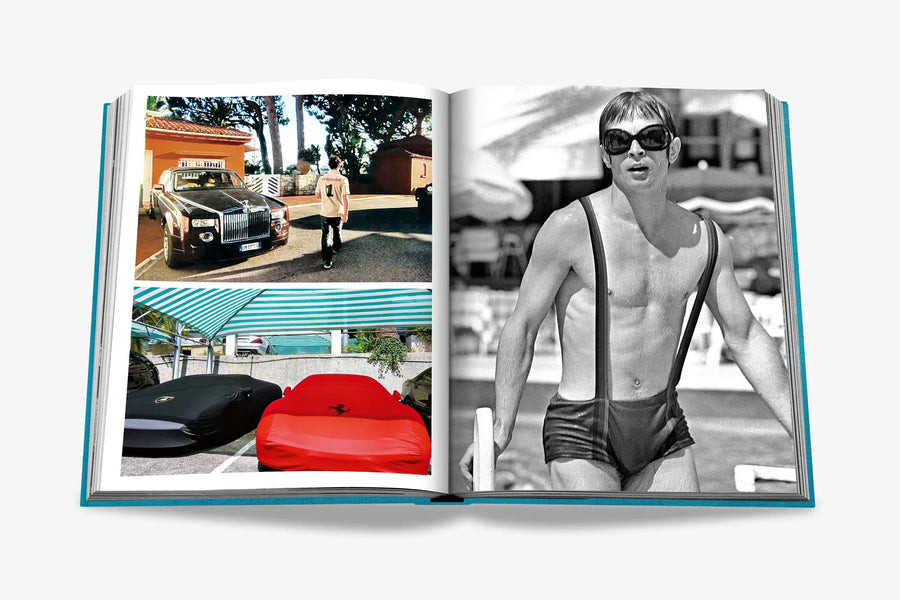Double spread with a luxury cars, and stylish swimwear in a luxurious Assouline's Monte Carlo coffee table book, featuring a vibrant cover with images of Monaco's iconic landmarks, available at Spacio India.