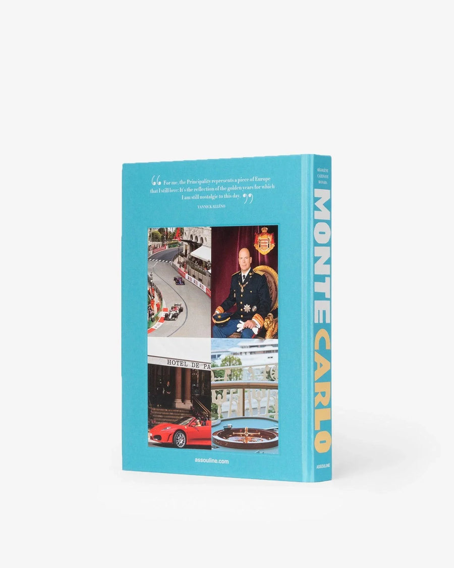 Back cover page of a luxurious Assouline's Monte Carlo coffee table book, featuring a vibrant cover with images of Monaco's iconic landmarks, available at Spacio India.