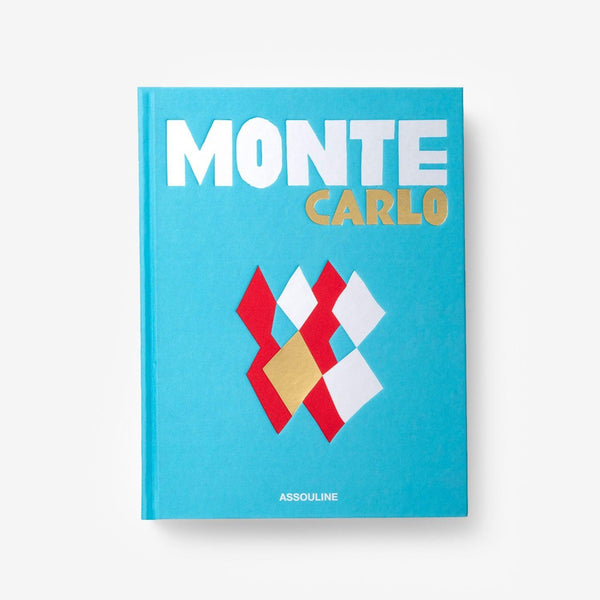 Front cover page of a luxurious hardbound Assouline's Monte Carlo coffee table book, featuring a vibrant cover with images of Monaco's iconic landmarks, available at Spacio India.