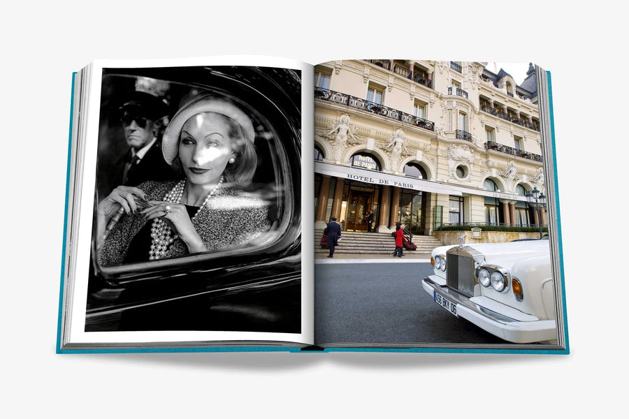 Luxury featuring a black-and-white portrait of an elegant woman in a car and a stunning shot of the iconic Hotel de Paris with a classic Rolls-Royce in double spread page of a luxurious  Assouline's Monte Carlo coffee table book, featuring a vibrant cover with images of Monaco's iconic landmarks, available at Spacio India.