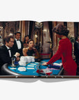 Open book showing a scene from a movie with people around a casino table.