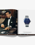 Open book showing a man in a tuxedo and a watch on a white background