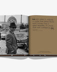 Open book with a black and white photo of a man in a suit and hat, and a quote on a beige background.