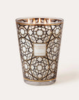 A lit scented candle in a clear glass vessel with an intricate black and gold geometric filigree pattern. The candle has six visible flames at the top and a central square label that reads 'MAHABBA COLLECTION' and 'MAGNIFICENT NIGHT'.