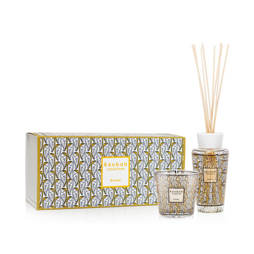 This Baobab gift box includes a stylish art nouveau-inspired fragrance diffuser and a scented candle.