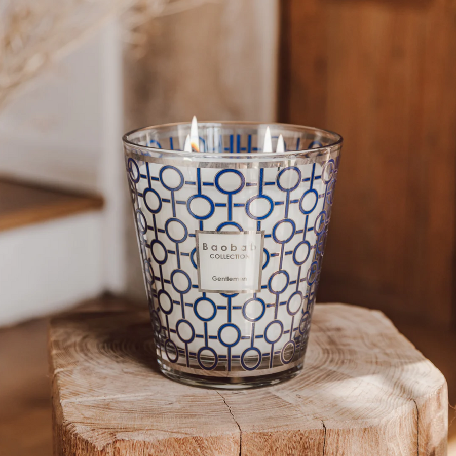 Baobab Gentlemen Candle Max 16, a premium scented candle with a warm rum and saffron aroma, styled in a luxury interior setting, available at Spacio India.