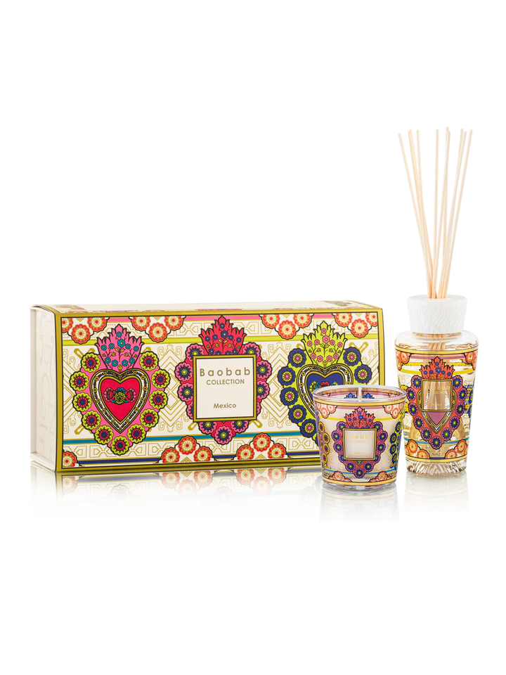 Baobab Mexico My First Baobab Gift Set featuring a candle and diffuser in vibrant glass vessels, available at Spacio India