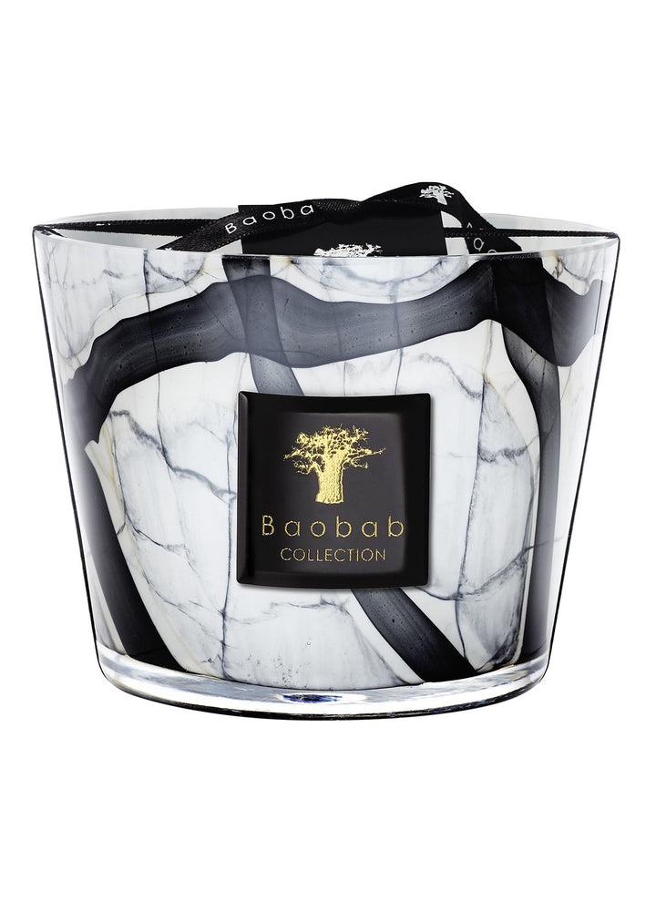 Baobab Stones Marble Candle Max 10 with black and white marbled glass exterior, available at Spacio India luxury decor stores