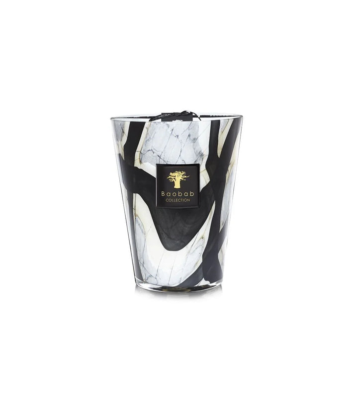 Baobab Stones Marble Candle Max 24 in black and white marbled glass — luxury home fragrance by Baobab Collection with leather, rose, and plum scent, available at Spacio India.