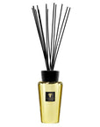 Baobab Aurum Diffuser 500ml featuring elegant gold glass bottle and black diffuser reeds, a luxury home fragrance available at Spacio India retail stores and online.
