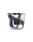 Baobab Stones Lazuli Candle Max 10 in hand-blown glass, featuring deep blue and ivory marbled patterns, available at Spacio India. Luxury scented candle with sea salt and musk fragrance.