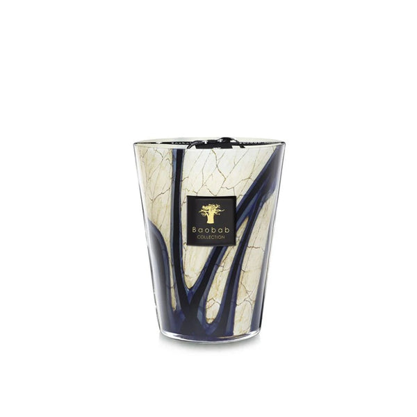 Baobab Stones Lazuli Candle Max 24 in signature glass vessel with marble and cobalt pattern – available at Spacio India