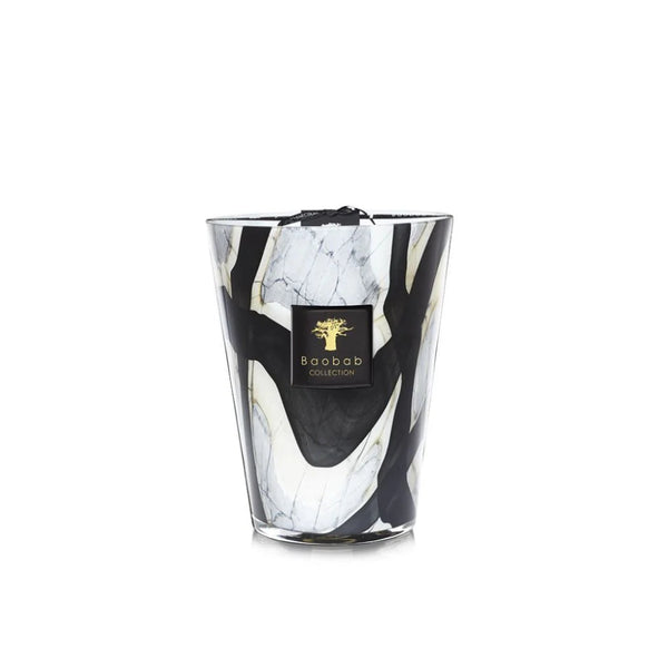 Baobab Stones Marble Candle Max 24 in black and white marbled glass — luxury home fragrance by Baobab Collection with leather, rose, and plum scent, available at Spacio India.
