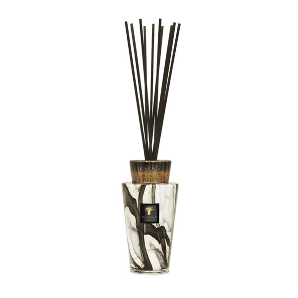 Baobab Stones Marble Diffuser Totem 2L in luxurious hand-blown glass, featuring marble patterns of black, grey, and white, available at Spacio India retail stores and online.
