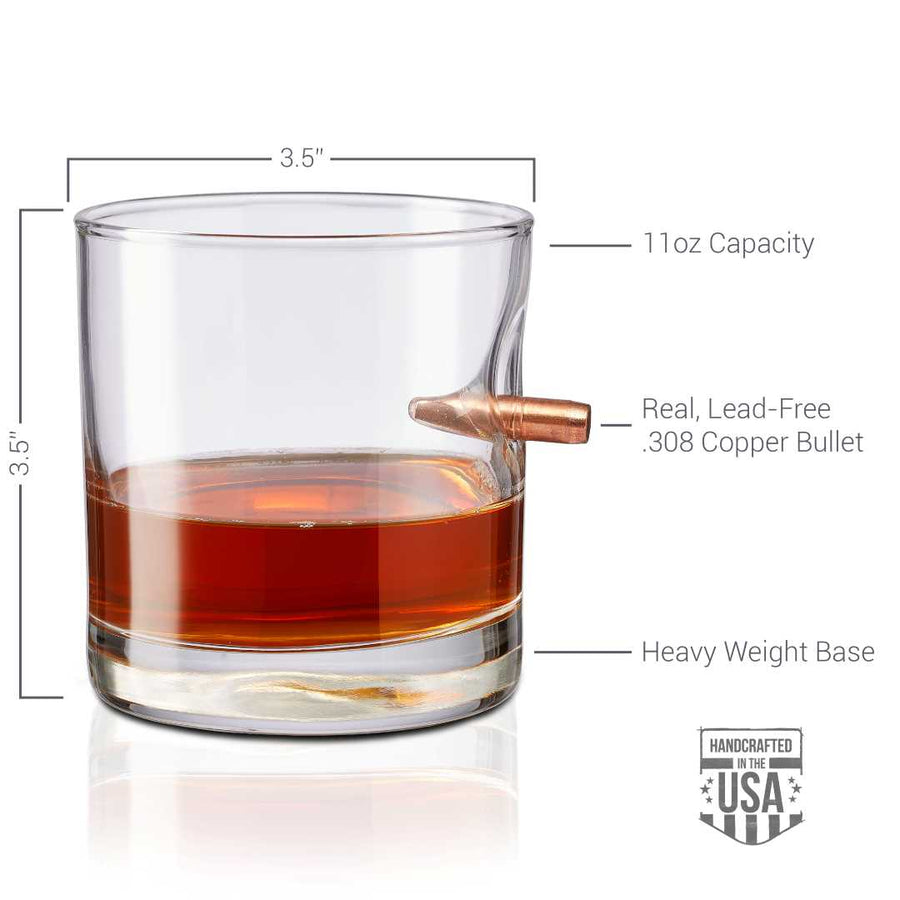 Glass with a bullet inside, filled with liquid, on a white background with measurements and text.