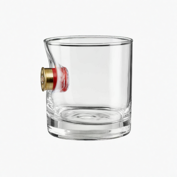 Clear glass with a shotgun shell bullet on a white background from the American brand Benshot available at Spacio retail stores in Mumbai & Kolkata. 