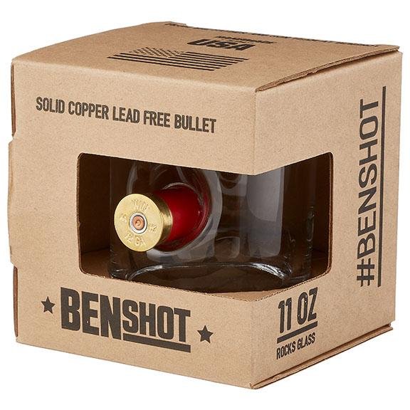 Benshot 11 oz rocks glass packaging with clear window