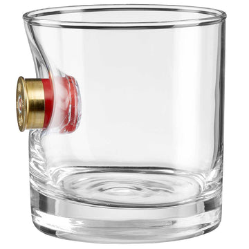 Clear glass with a shotgun shell bullet on a white background from the American brand Benshot available at Spacio retail stores in Mumbai & Kolkata. 