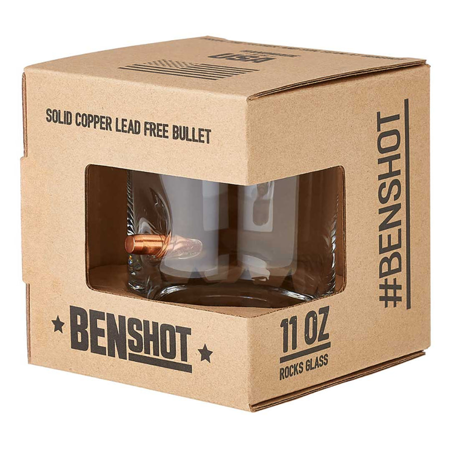 Benshot 11 oz rocks glass in a cardboard box with clear window