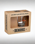 Benshot 2 oz shot glass with real bullet in a cardboard box