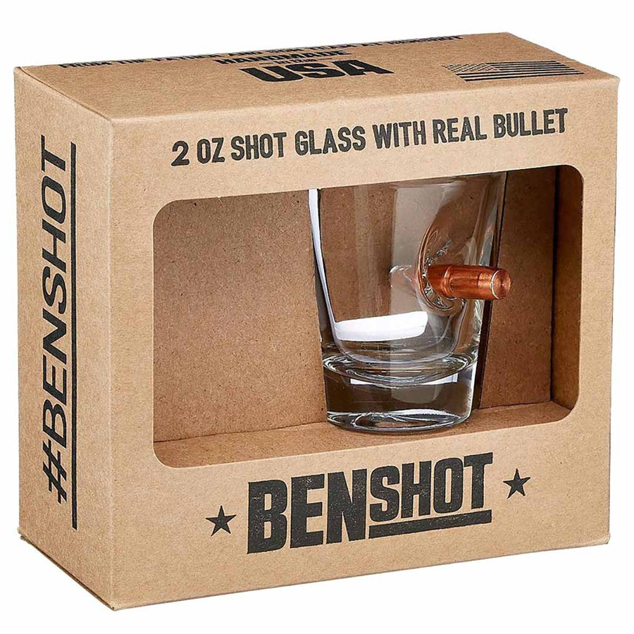 Benshot 2 oz shot glass with real bullet in a cardboard box