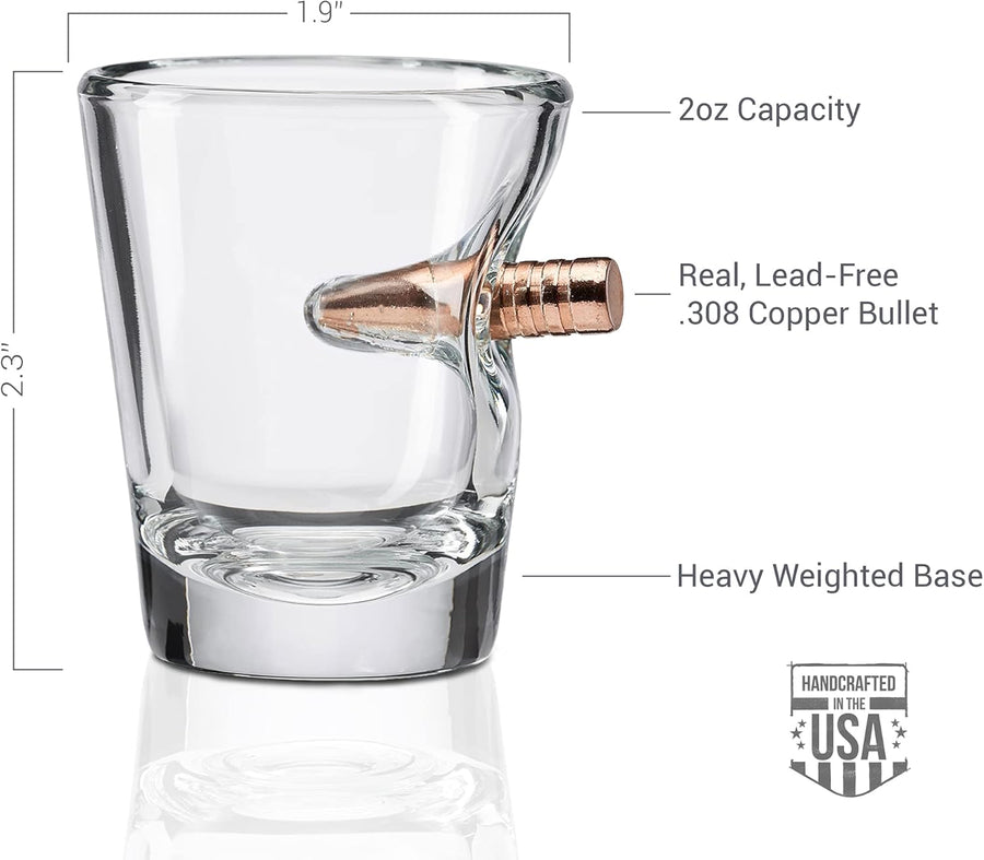 Glass shot glass with a bullet design, labeled for capacity and material, on a white background.