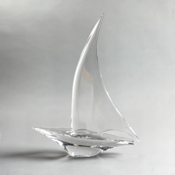 Duccio Di Segna Big Transparent Sailing Boat Sculpture in crystal - luxury Italian decor available at Spacio India retail stores and online. A refined glass sailboat centerpiece for nautical-themed interiors.