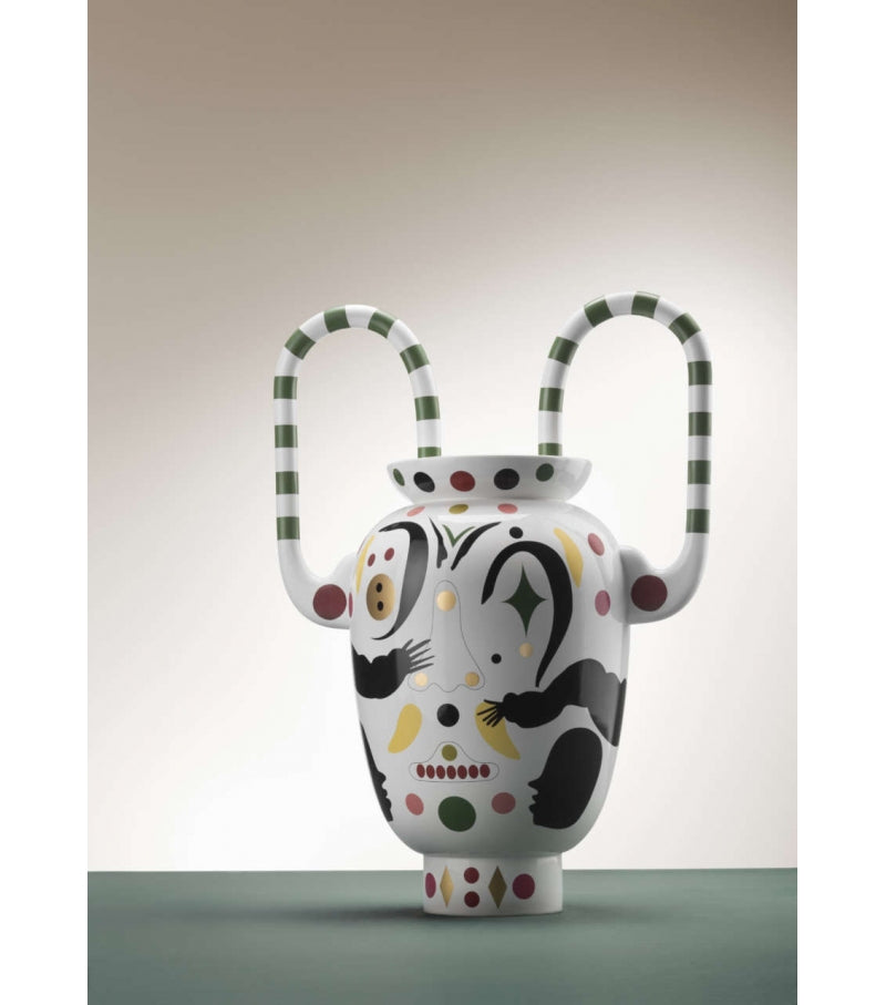Decorative vase with abstract design and handles on a plain background