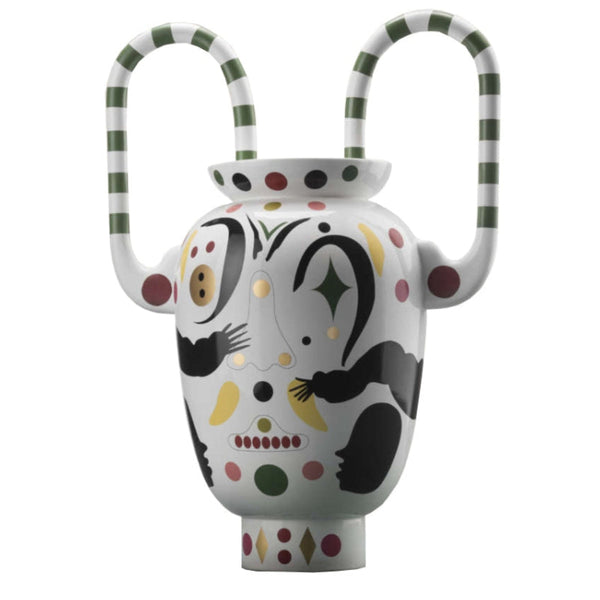 Decorative vase with colorful patterns and striped handles on a white background from Bosa available at Spacio retail stores in Mumbai & Kolkata. 