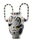 Decorative vase with colorful patterns and striped handles on a white background from Bosa available at Spacio retail stores in Mumbai & Kolkata. 